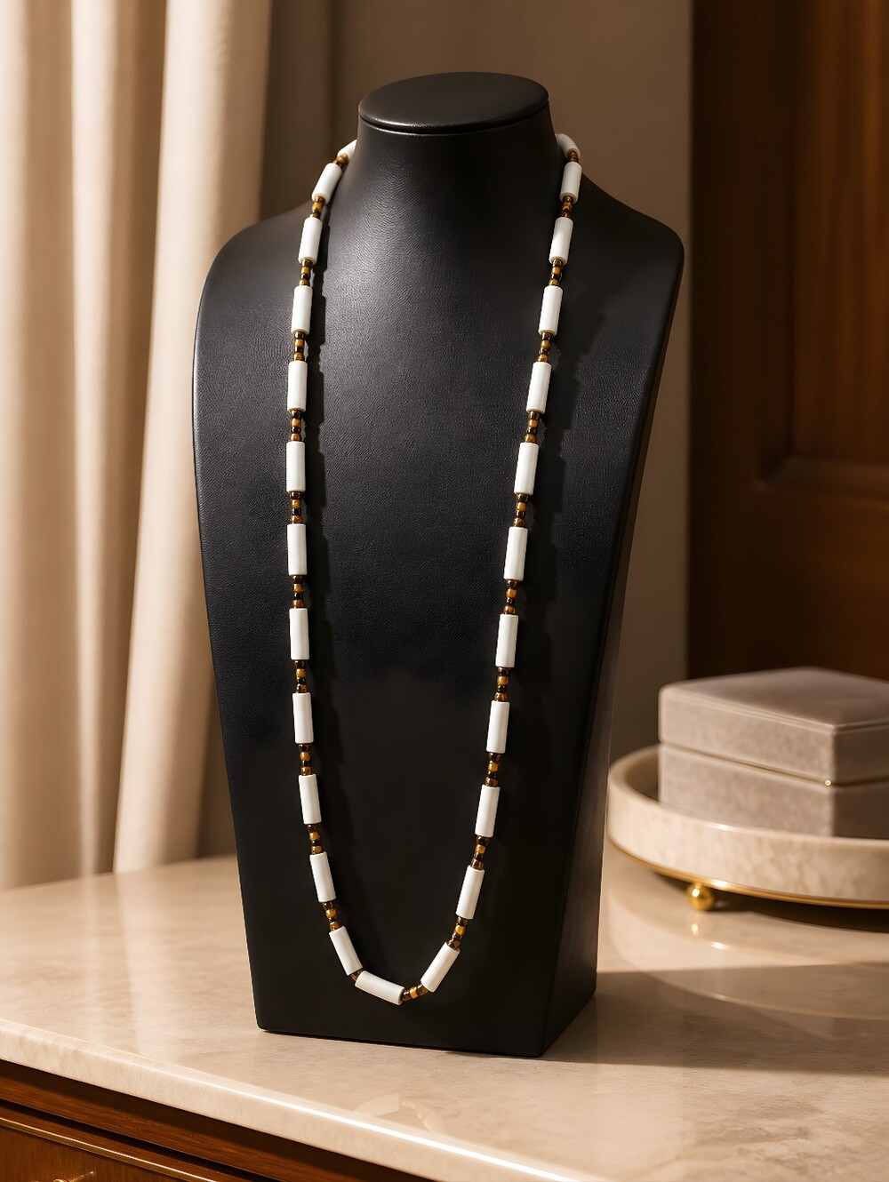 Bone And Possible Tiger Eye Beads Unisex Necklace